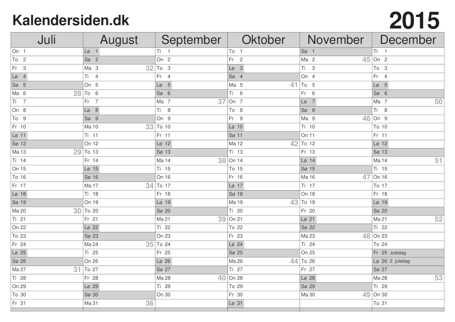 Kalender 2015, 2. halvår