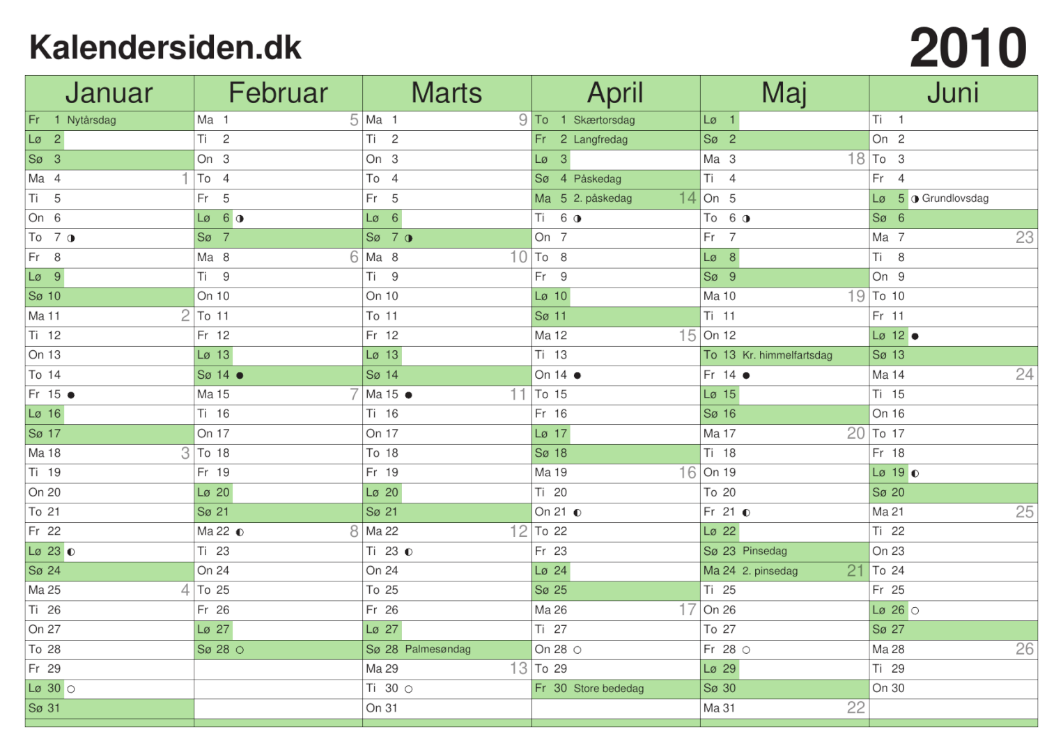 Kalender 2010, årskalender