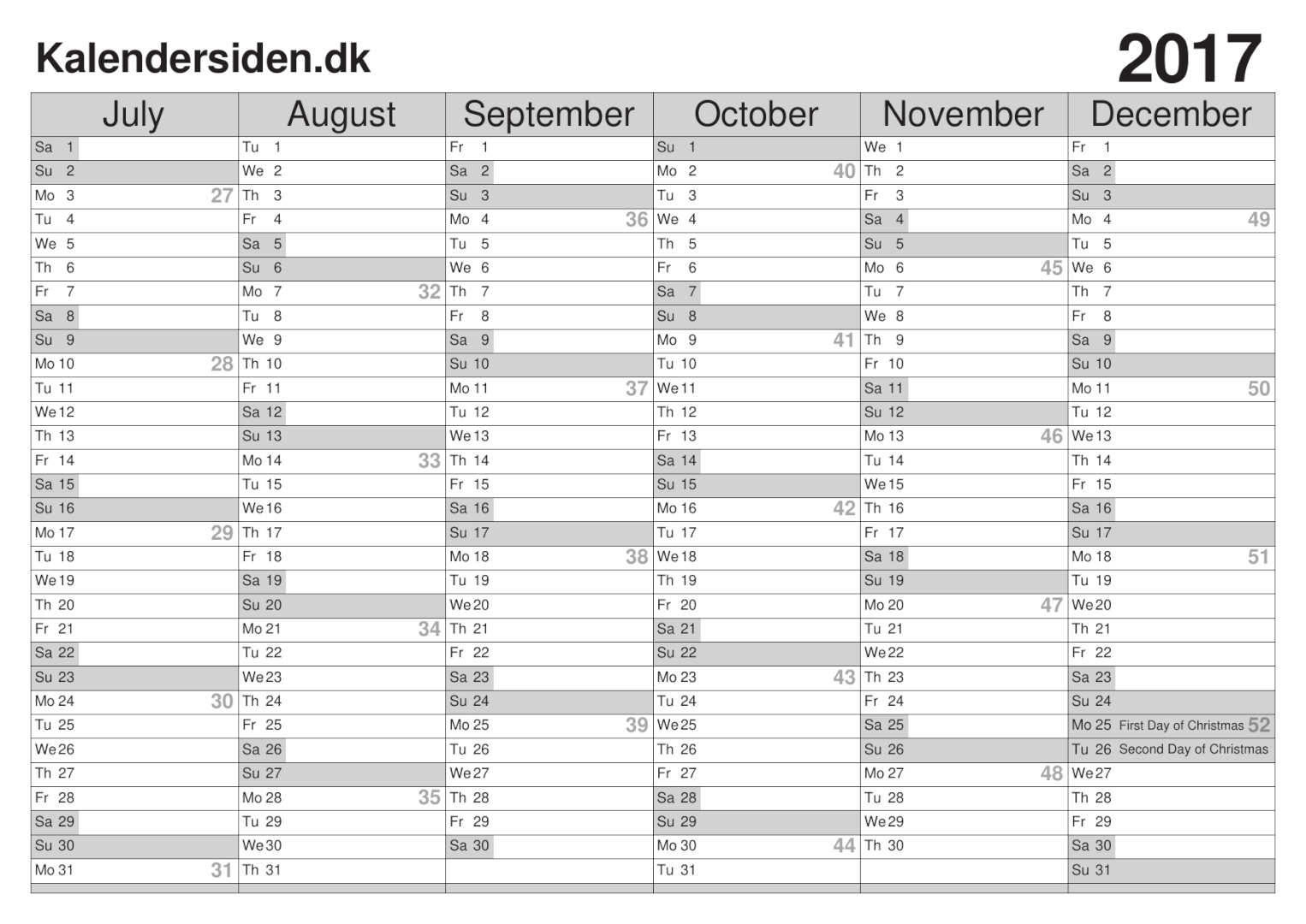 Dansk kalender p engelsk