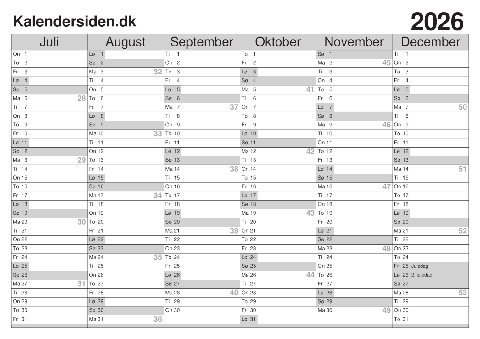 Kalender 2026